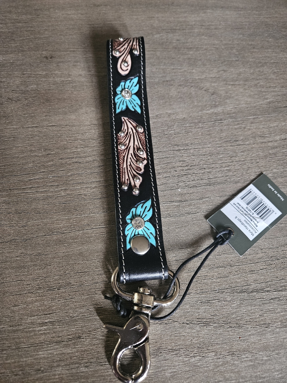 Myra Bag Leather Key Fob Wristlet with Turquoise Floral Accents-NWT